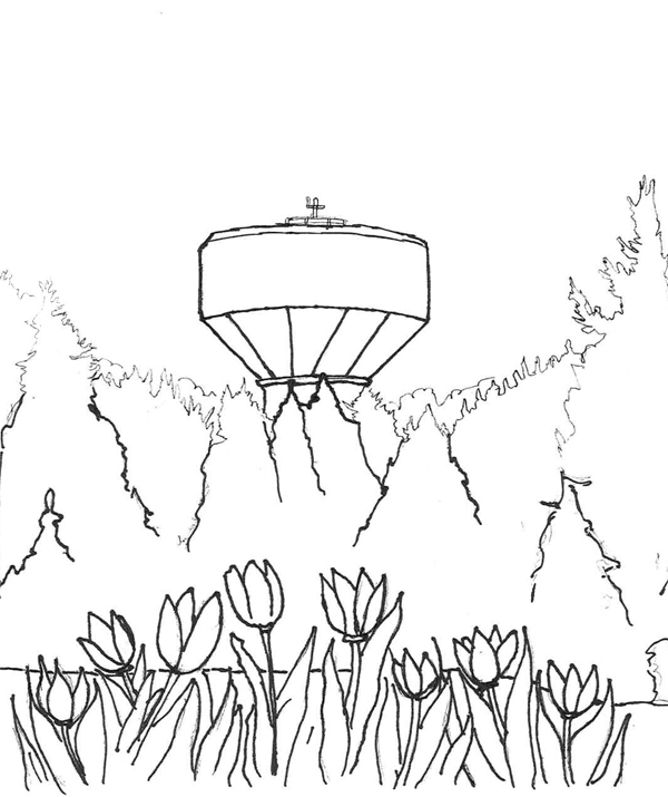 water tower, trees and flowers to be coloured