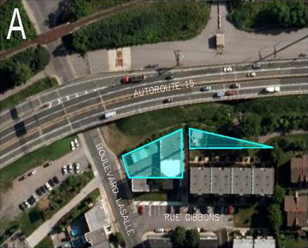 La photo A démontre l'échangeur de l'autoroute 15 et le boulevard LaSalle; les régions affectées sont soulignées en bleu
