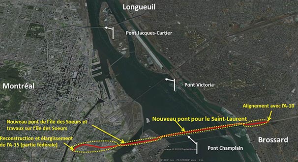 Carte aérienne du projet de corridor du nouveau pont pour le Saint-Laurent
