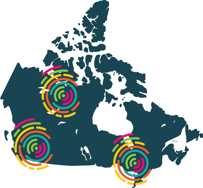 Icône de la carte du Canada avec le logo Défi des villes intelligentes placé sur le dessus, représentant les finalistes