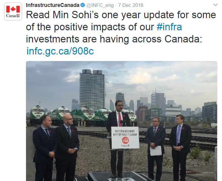 Image 2: Minister Sohi announcing new investments in Toronto for public transit infrastructure, November 2016.