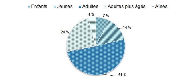 Diagramme à secteurs qui illustre le pourcentage d’enfants, de jeunes, d’adultes, d’adultes plus âgés et d’aînés parmi les utilisateurs chroniques et épisodiques de refuges.