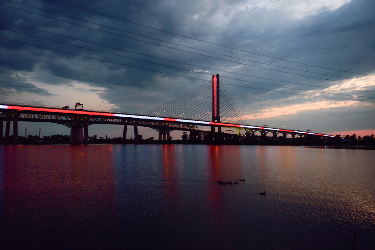 The Samuel De Champlain Bridge illuminated in red and white for Canada Day, July 1 2020