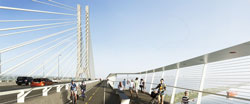 View of bridge with pedestrians, cyclists and cars