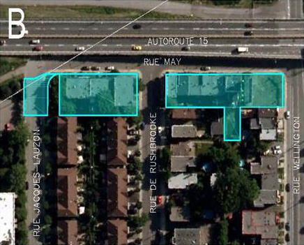 Photo B shows the Autoroute 15, May Street and their intersections with Jacques-Lauzon Street, de Rushbrooke Street and Wellington Street; affected areas are highlighted in teal