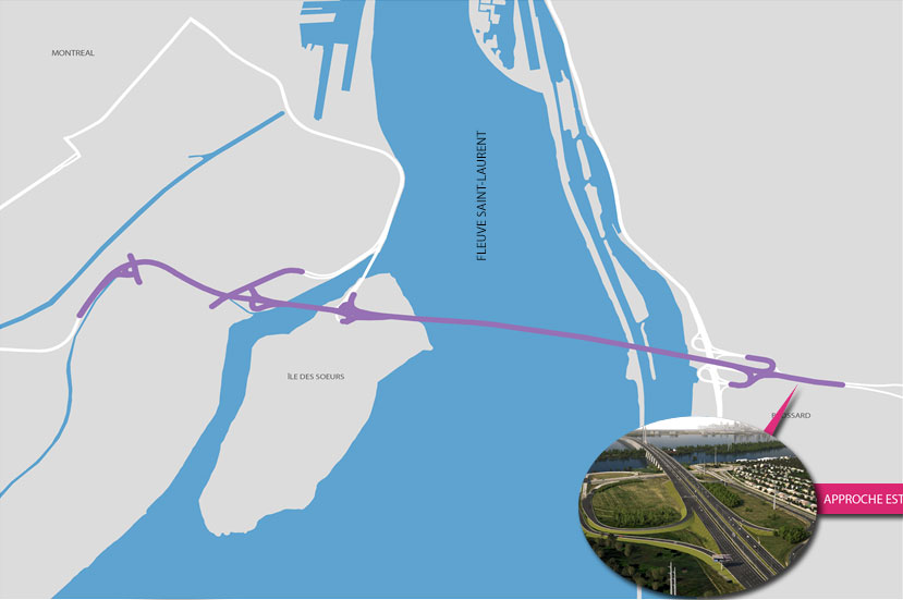 Plan aérien du projet du nouveau pont, avec en médaillon une photo montrant l’approche Est du pont.