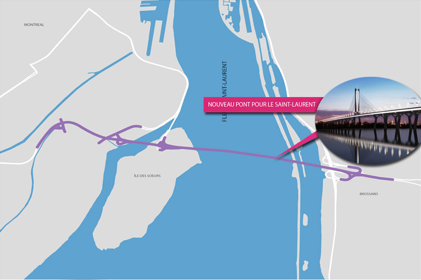Plan aérien du projet du nouveau pont, avec en médaillon une photo montrant le nouveau pont pour le Saint-Laurent.