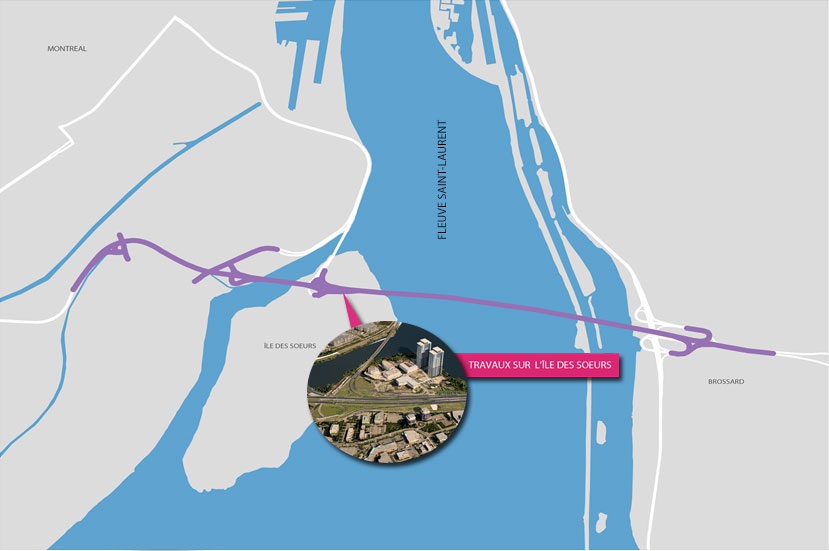 Plan aérien du projet du nouveau pont, avec en médaillon une photo montrant les travaux en cours sur l’Île des Sœurs.