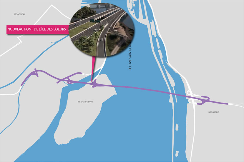 Plan aérien du projet du nouveau pont, avec en médaillon une photo montrant le nouveau pont de l’Île des Sœurs.