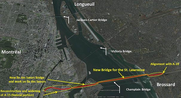Map showing the new bridge for the St. Lawrence corridor