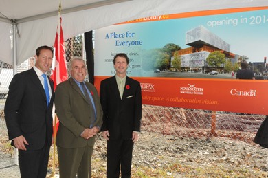 From left to right: The Honourable Peter MacKay, Minister of National Defence, the Honourable John MacDonell, Minister of Service Nova Scotia and Municipal Relations, and His Worship Peter Kelly, Mayor of the Halifax Regional Municipality, at the official groundbreaking of the Halifax Central Library.