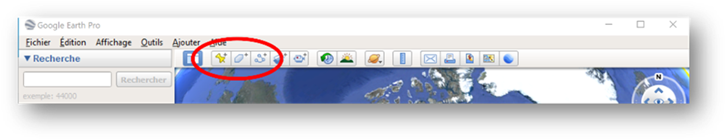Capture d'écran des icônes de Repère, de Polygones et de Trajectoire dans la barre d'outils de l'application Google Earth Pro