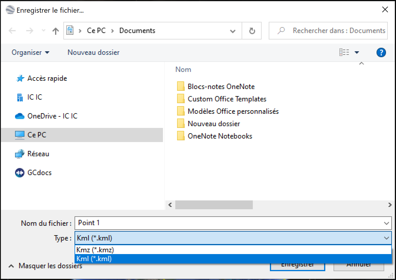 Capture d'écran de l'option de sauvegarder le fichier en option KML dans la fenêtre Enregistrer le ficher…