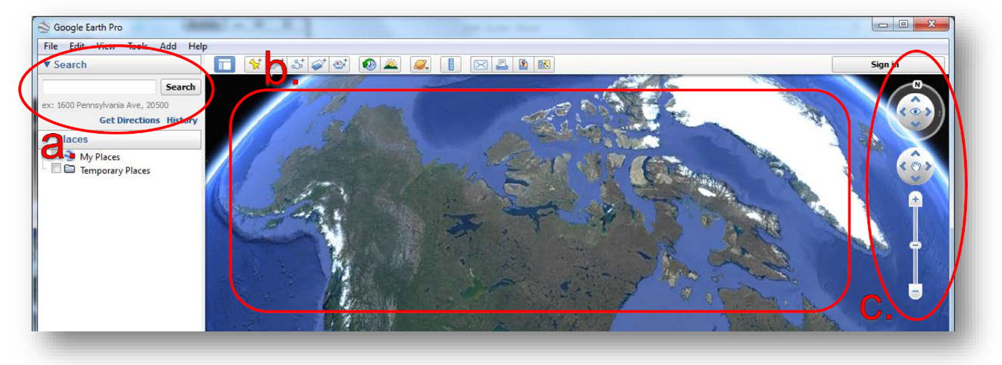 Screenshot of Google Earth Pro showing the search bar, map viewer, and navigation tools