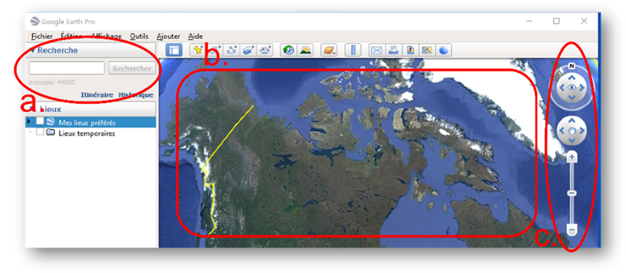 Capture d'écran de Google Earth Pro montrant la barre de recherche, le visualiseur de cartes et les outils de navigation